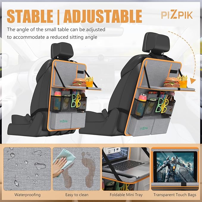 Plzpik Car Backseat Organizer with Tablet Holder,11 Storage Pockets with Foldable Food Tray, Protector Kick Mats for Kids, Travel Accessories Organizer (Orange, 2Pack with Food Tray)