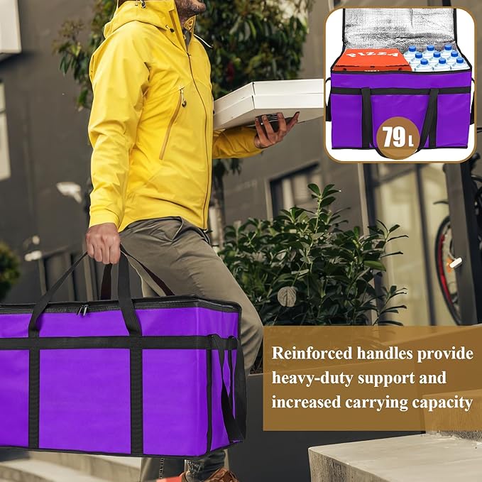 PEASUG Insulated Bags for Food Delivery, XXXL Pizza Delivery Bags, Large Capacity Cooler Bag Keep Food Warm for Grocery Shopping and Catering, Foldable, Heavy-Duty (Purple)