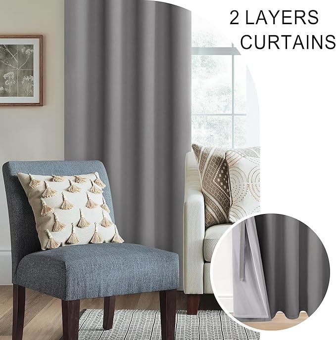 XWZO 100% Blackout Curtains - Thermal Insulated Black Liner Short Curtains, Noise Reducing and Heat Blocking Drapes for Hall and Studio Small Windows with Tiebacks, Grey, W38 x L63, Set of 2