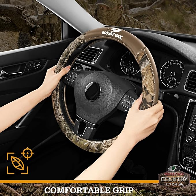Mossy Oak Camo Steering Wheel Cover, Durable Grip Car Steering Cover, Universal Fit 14.5"–15.5" - Made with Premium Beige PVC Leather and Cotton Fabric, Anti-Slip - Official Licensed Product