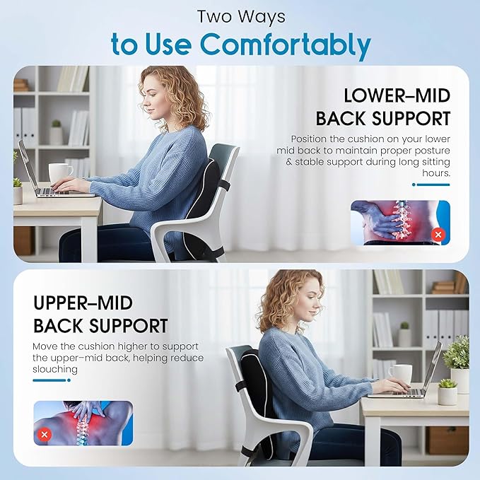 Lumbar Support Pillow for Office Chair and Car, Premium Memory Foam Back Cushion for Back Pain Relief Improve Posture Ergonomic Cushion with Breathable Mesh Cover and Adjustable Straps
