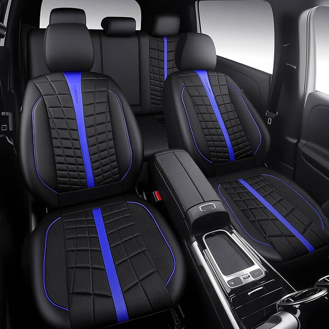 CAR PASS 3D Foam Mesh Black Blue Leather Car Seat Covers Full Set,Breathable Premium Leather Seat Covers for Car,Anti Slip Universal Fit for Trucks Cars Sedans Vans SUVs,Airbag Compatible,Black Blue