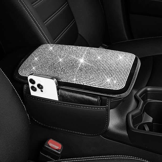 Bling Car Center Console Cover Custom Fit for Jeep Gladiator - Leather Armrest Cover with 2 Storage Pockets and Crystal Rhinestones(Black)