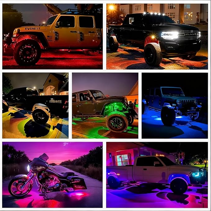 RGB LED Rock Lights Kit, 10 pods Multicolor Neon Light with Bluetooth App/Remote Control Flashing Music Mode, Aluminum Metal, IP68 Waterproof, 12v for Truck ATV UTV SUV