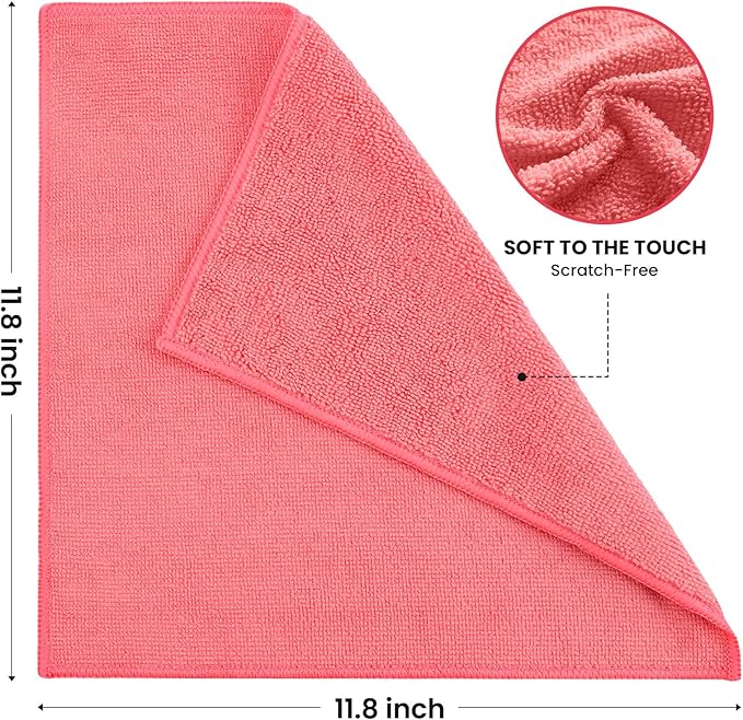 SIFANGKE Microfiber Cleaning Cloth, 12 Pack Pink Cleaning Rags for Housekeeping, Reusable Microfiber Towels for Car, Kitchen, Bathroom and Household Cleaning Supplies, 11.8"X11.8"