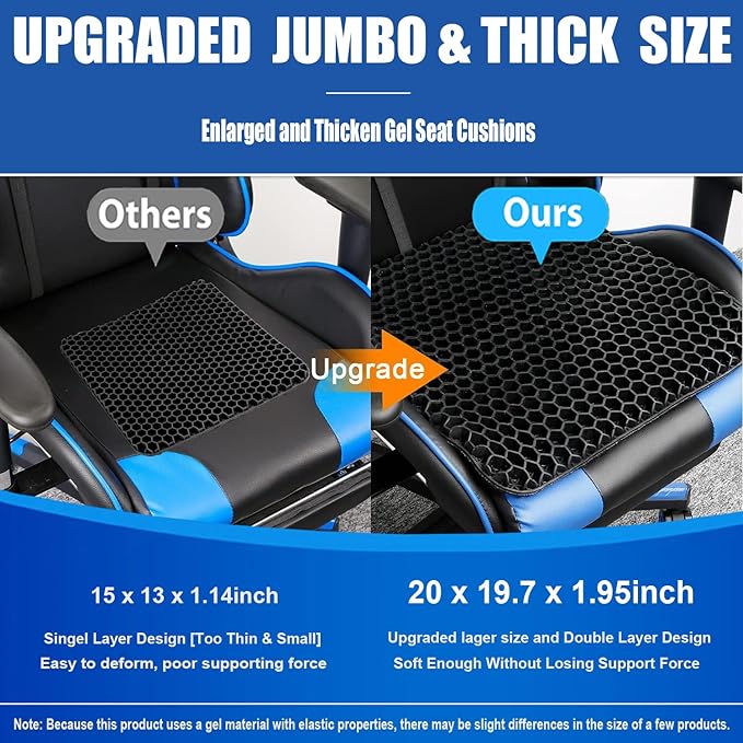 20" Gel Seat Cushion for Long Sitting Pressure Relief(Jumbo&Thick) - Wheelchair Cushion for Pressure Sores - Back, Sciatica & Tailbone Pain Relief Cushion- Non-Slip Butt Pillow for Office, Home, Car