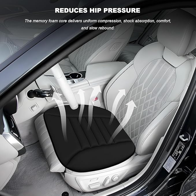 Car Seat Cushion, Breathable Driver Seat Protector with 1.2" Thick Comfortable Memory Foam, Universal Non-Slip Chair Pillow Pressure Relief Cushion Pad for Car Home Office (Black)