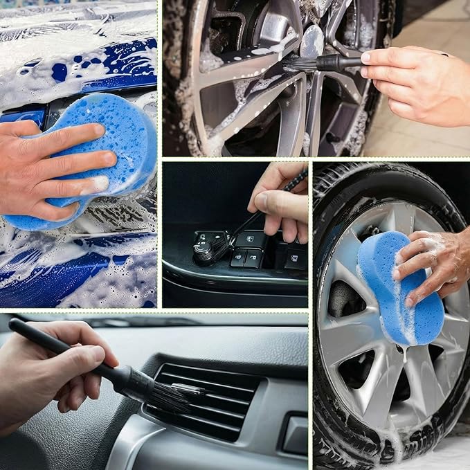 Baderke 9 Pcs Car Windshield Cleaner Tool Kit with with Extendable Handle, Microfiber Towel Pads, Sponge, Ventilation Brush, Empty Spray Bottle for Auto Glass Wiper Suvs Rvs & Home Windows(Blue)