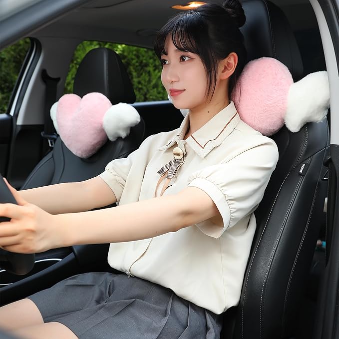 2 Pack Heart Shaped Cute Car Headrest Pillow with Angel Wings - Comfortable Soft Head Rest Cushion Kawaii Car Accessories Neck Pillow for Driving Travelling Office Home Decor - Pink Love Heart