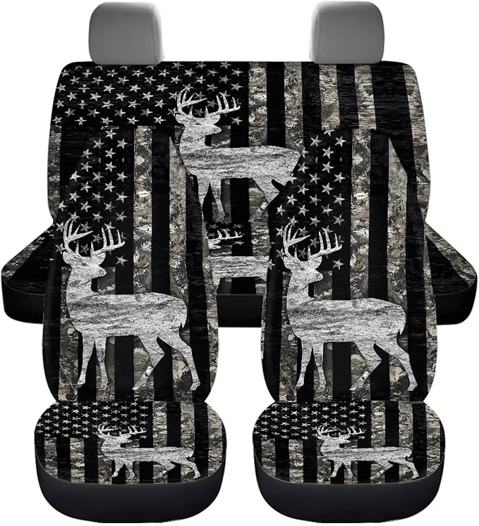 KEIAHUAN Car Seat Covers Full Set of 4 American Flag Deer Camo Hunting Breathable Comfort Auto Interior Seat Protector Front Back Universal Fits Most Cars, Vans, SUVs, Trucks