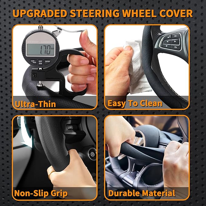 Nappa Leather Steering Wheel Cover, Universal 15 Inch Snap On Car Steering Wheel Cover for Men/Women, Comfortable & Breathable Microfiber Car Accessories Interior (Black)