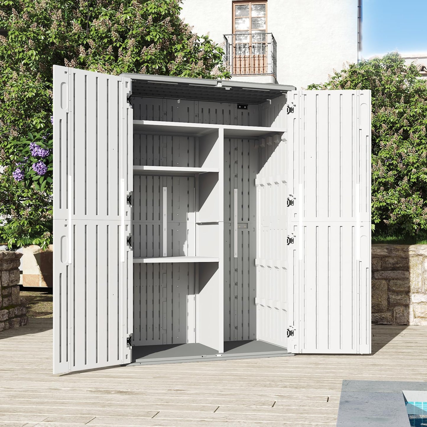 Aoxun 64 Cu.Ft Outdoor Storage Shed with Shelving Kit and Floor, Waterproof Horizontal Resin Cabinet for Trash Cans, Lawn Mowers, Generators, and Garden Tools