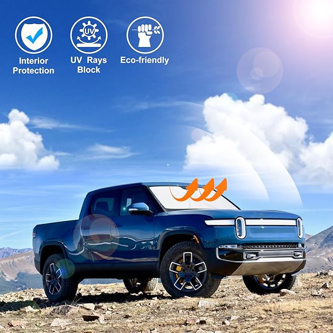 Windshield Sun Shade Custom Fit for 2022 2023 2024 2025 2026 Rivian R1T Accessories Foldable Sunshade Sun Blocker Protect Car from Sun Rays & Heat Damage Keep Car Cooler