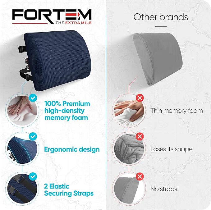 FORTEM Lumbar Support Pillow for Office Chair, Lumbar Support Pillow for Car, Back Rest for Gaming, Memory Foam Pillow, Desk Chair Cushion, Breathable & Washable Cover, Adjustable Straps