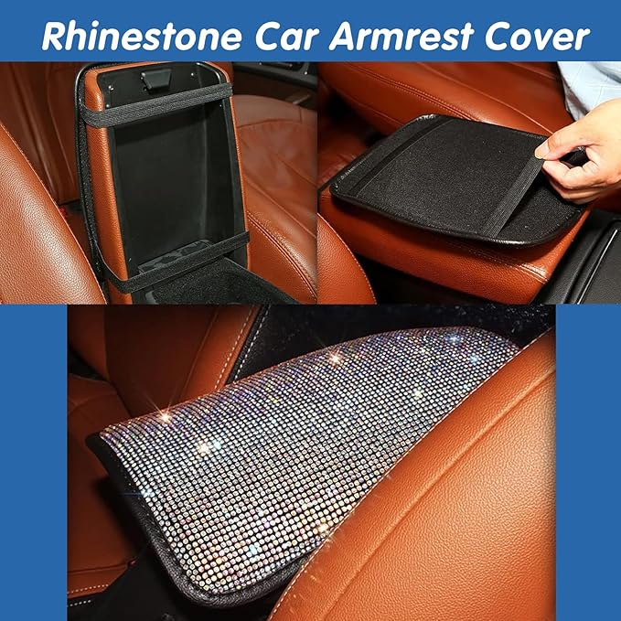 ijuicy Bling Car Center Console Armrest Cover, Crystal Rhinestone Center Console Protective Cover Armrest Cushion Pad, 12.6" x 8.5" Universal for Most Cars (Silver)
