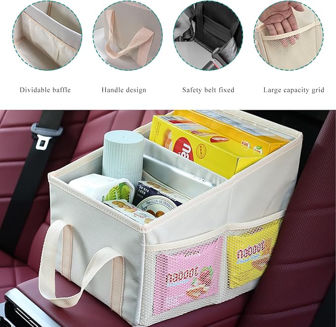 Car Seat Organizer, Collapsible Passenger Seat Organizer with Detachable Divider & Handle, Multiple-Pocket Car Storage Organization for Console Floor Front or Back Seats (Beige)