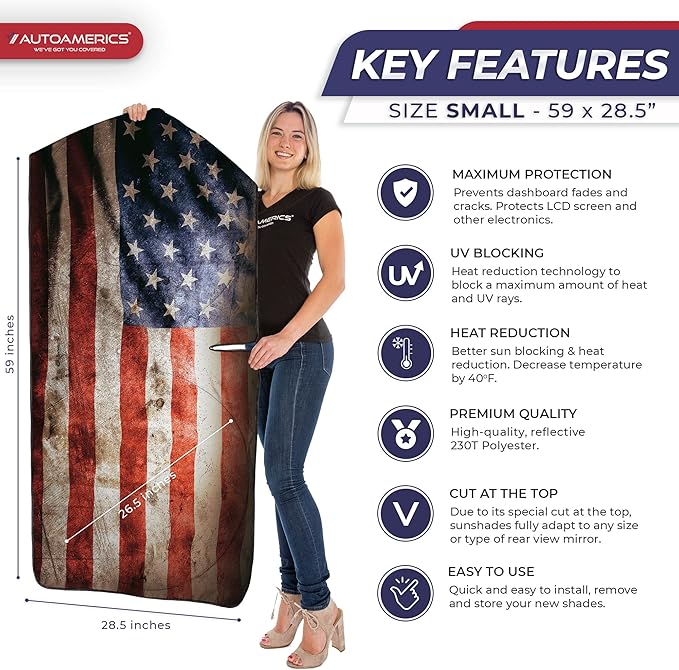 Autoamerics 1-Piece Windshield Sun Shade Grunge American Flag - 2 USA Design - Foldable Car Front Window Sunshade for Most Sedans SUV Truck - Blocks Max UV Rays and Keeps Your Vehicle Cool - Small