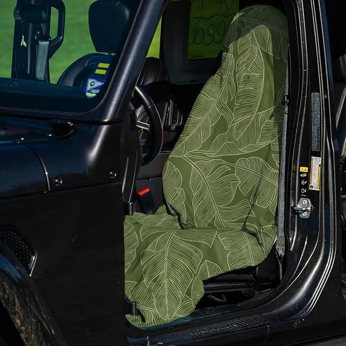 2 Pack Car Seat Towel Covers, Sweat Protector for Front Seats, Premium Thickened Microfiber with Elastic Strap, Breathable & Quick Dry, Machine Washable Cover for Gym Running Universal Fit Banana Leaf
