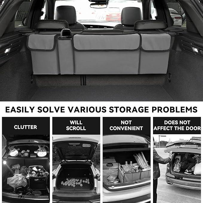 Car Trunk Organizer, Backseat Hanging Large Storage with Adjustable Straps,Waterproof PVC Collapsible Cargo Bag, Car Interior Accessories for Auto SUV MPV (Gray)