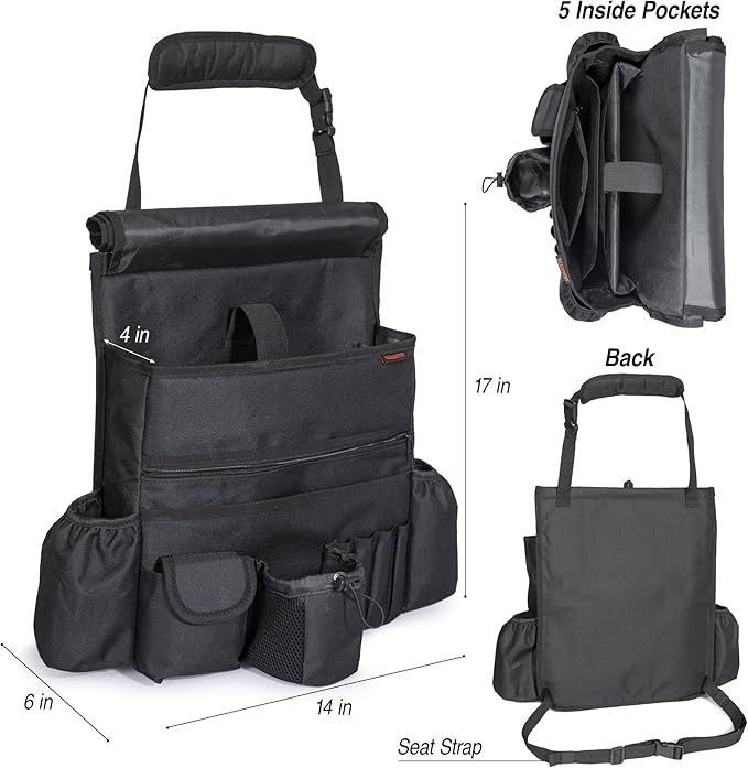 Front Seat Car Organizer with flap and buckle closure – Convertible into Shoulder Bag – Fits Front or Back of Seat – Heavy Duty Car Organizer for Rideshare and Truck drivers