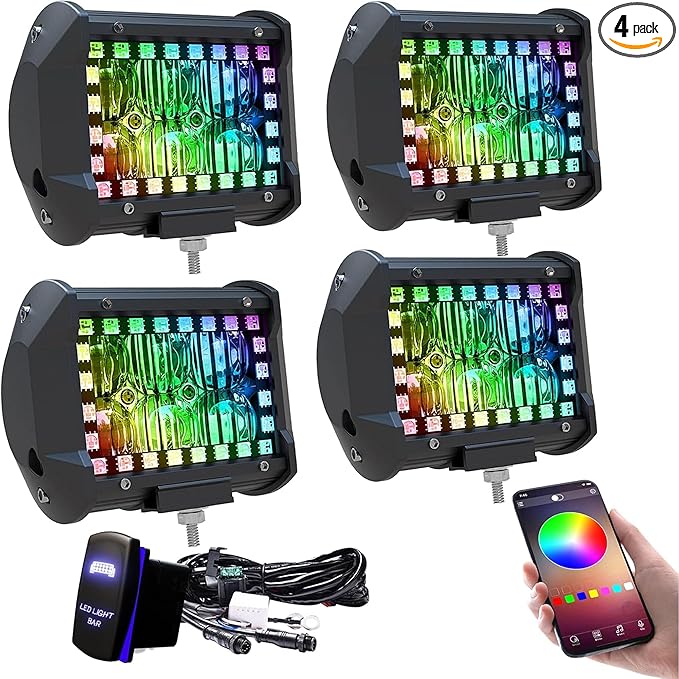 4PCS 4" inch LED Pods Flood Work Light Bar with Multi-Color Chasing RGB Halo 16 Solid Colors Over 92 Flashing Modes Offroad Pods Lights LED Driving Lamp Fog Lights with Switch Wiring Harness