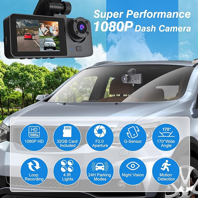 3 Channel Dash Cam Front and Rear Inside,1080P FHD Car Camera with 32G MMC Card, Night Vision, G-Sensor, Motion Detection, Parking Monitor, Loop Recording for Cars, SUVs, Trucks