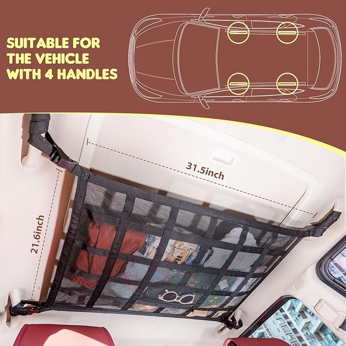 Kaskawise Upgrade Car Ceiling Cargo Net Pocket,31.5"x21.6" Double-Layer Car Roof Storage Organizer,Overhead Net for Truck,SUV & Van Camping,Travel Road Trips,Van Life Essentials
