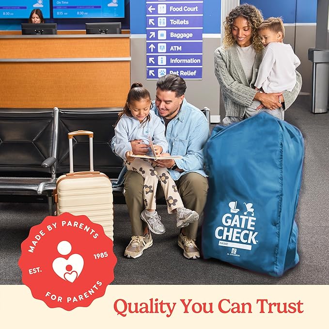 J.L. Childress Gate Check Bag for Single & Some Double Strollers - Travel Bag for Airplane, Fits Most Standard Baby Strollers, Airport Accessories Gate Check, Flying Essentials - Deluxe, Blue