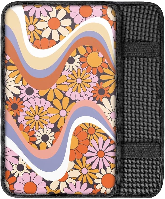 Dreaweet Hippie Flower Car Center Console Cushion Pad,Universal Armrest Seat Box Cover Protector,Comfortable Car Decor Accessories Fit for Most Cars,Trucks,SUV