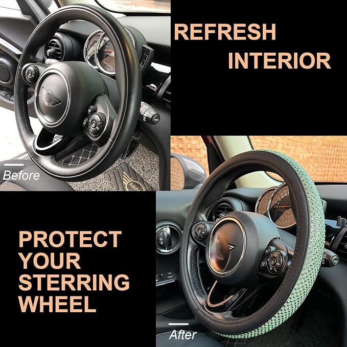 PINCTROT Large Size Bling Comfy Steering Wheel Cover with Jumbo Crystal Rhinestones, Anti-Slip Diamond Leather, 15.5-15.75 Inch (Light Green)