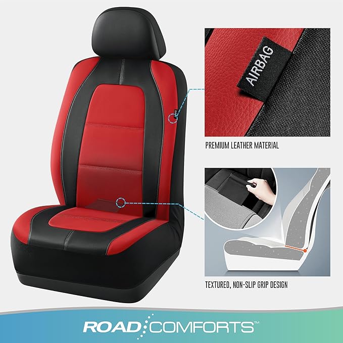 Road Comforts Car Seat Cover, Leather Car Seat Covers, Front Low Back Sport Seat Covers, Airbag Compatible, Universal Fits for Most Cars (Red)