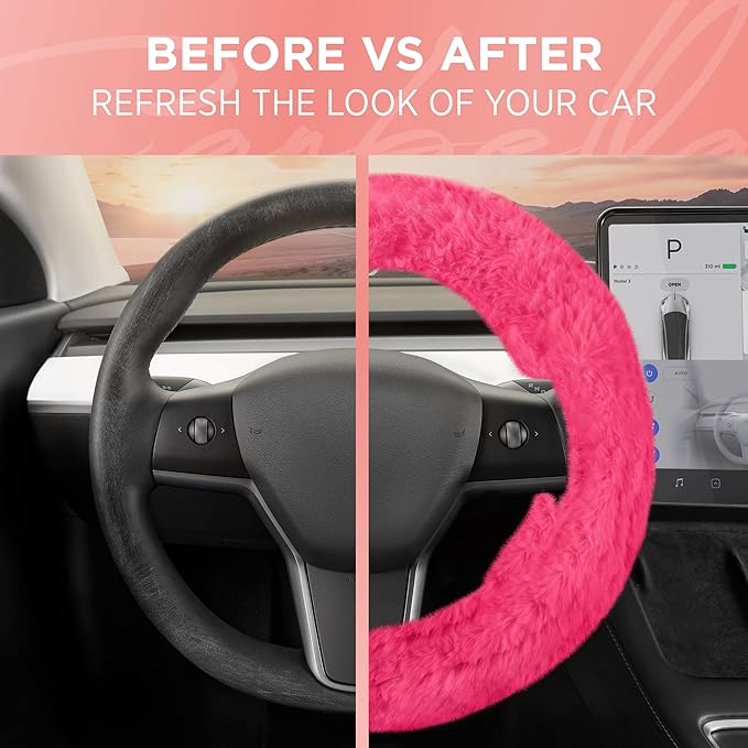 Carbella Aspen Hot Pink Fuzzy Steering Wheel Cover for Women ‚Äì Cute and Stylish Fluffy Fur Steering Wheel Cover for Cars Trucks Vans SUVs, Universal Fit for Wheel Sizes 14.5 to 15.5 inches