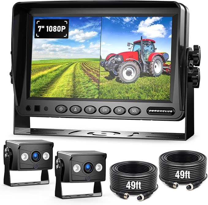 ZEROXCLUB 2 Wired Rear View Backup Camera System, 7" 1080P Monitor IP69K Waterproof Vibration-Proof 10G Reverse Camera, Dual Split Screen for Tractor, Truck, Trailer, Combine, Heavy Equipment, BH702