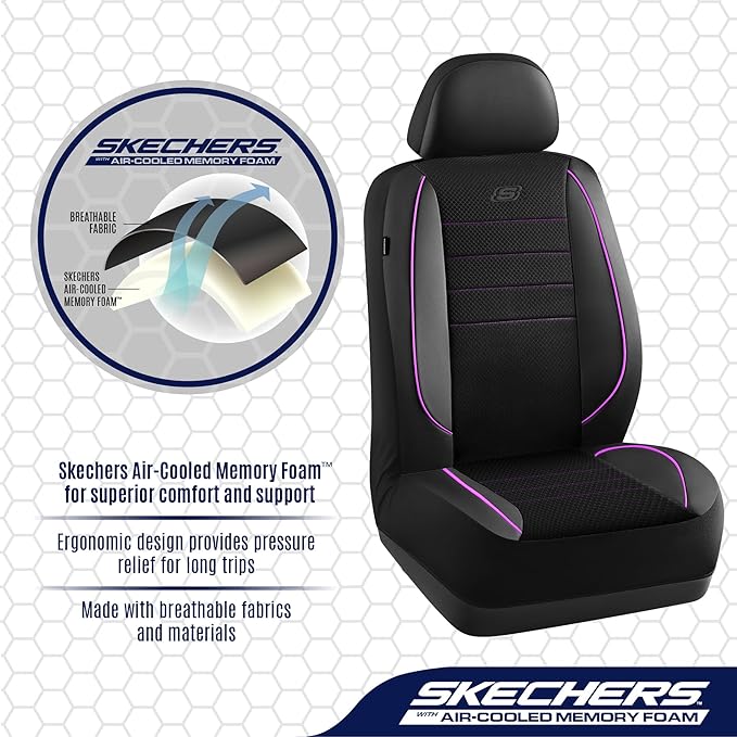 Skechers Air-Cooled Memory Foam Seat Covers,Mesh Thick Car Seat Covers,Piping Leather Car Seat Cover,Airbag Compatible,Automotive Comfort for Most Cars, Vans, Trucks, SUV(Purple, Full Set)