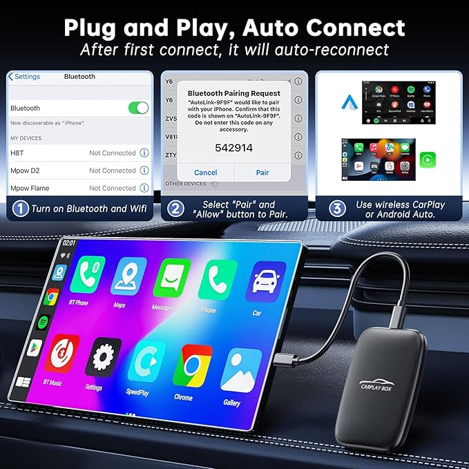 2026 New Wireless CarPlay Adapter Support Netflix/YouTube/TF, 5-in-1 Android Auto & Carplay Adapter with USB-A and USB-C Cables,Convert Wired to Wireless Apple Dongle, Video Box Car Play for iOS 10+