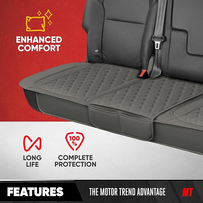 Motor Trend Rear Seat Cushion - Gray Diamond Stitched Faux Leather Rear Seat Cover for Cars, Trucks, SUVs - Padded, Waterproof, Non-Slip Back Seat Cover with Storage Pockets