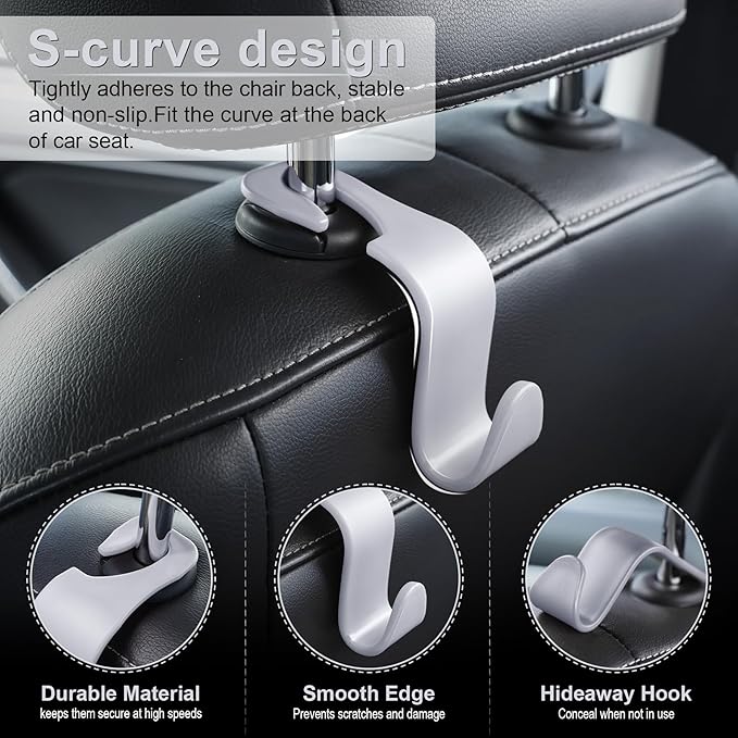 LivTee Car Seat Headrest Hook, Car Headrest Hidden Hook, 4 Pack Universal Auto Car Back Seat Hook Organizer for Purse Coat, Car Interior Accessories (Gray)