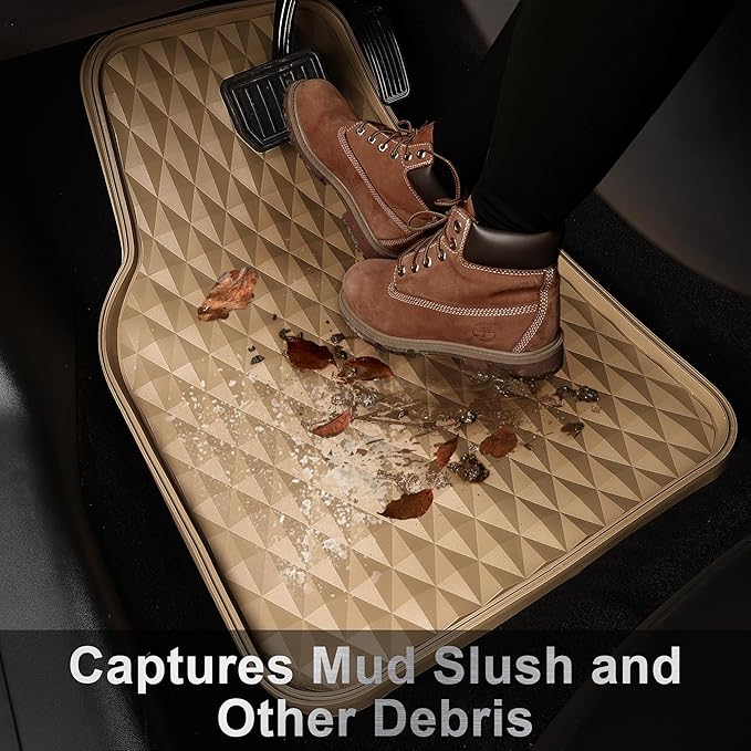 CAR PASS Deep Tray Rubber Car Mats, Heavy Duty Floor Mat for Car, Durable Anti-Slip 3D Rhombus Waterproof All Weather Car Floor Mats, Universal Fit for Truck SUV Vehicle Automotive, 4 Piece Beige