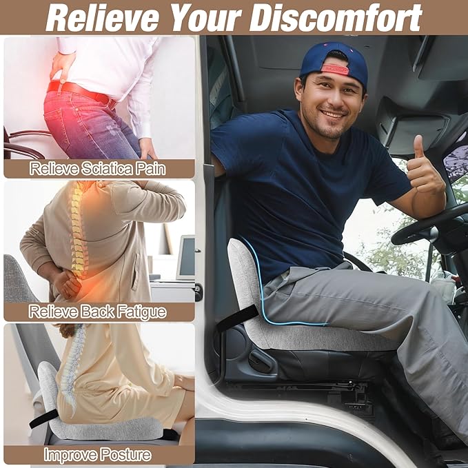 MYFAMIREA Truck Seat Cushion, Memory Foam Trucker Seat Cushion for Truck Driver Long Sitting with Adjustable Strap, Back Support and Pain Relief for Trucker Driving Office Chair and Pain, Light Gray