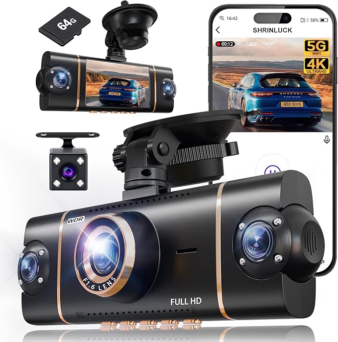 4 Channel 360° Dash Cam Front Rear Inside & Left Right,4K+1080P*3 FHD Car Camera,5GHz WiFi & App Control,8 IR Lamps Night Vision,24H Parking Mode,G-Sensor,Loop Recording,Includes 64GB SD Card（Black）