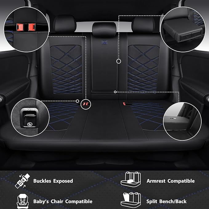 CAR PASS Luxury Nappa Leather Seat Covers Full Set, Water Resistant Faux Leather Seat Cover with Lumbar Support, Breathable Automotive Seat Covers Universal Fit for Sedan SUV Van Truck, Black Blue
