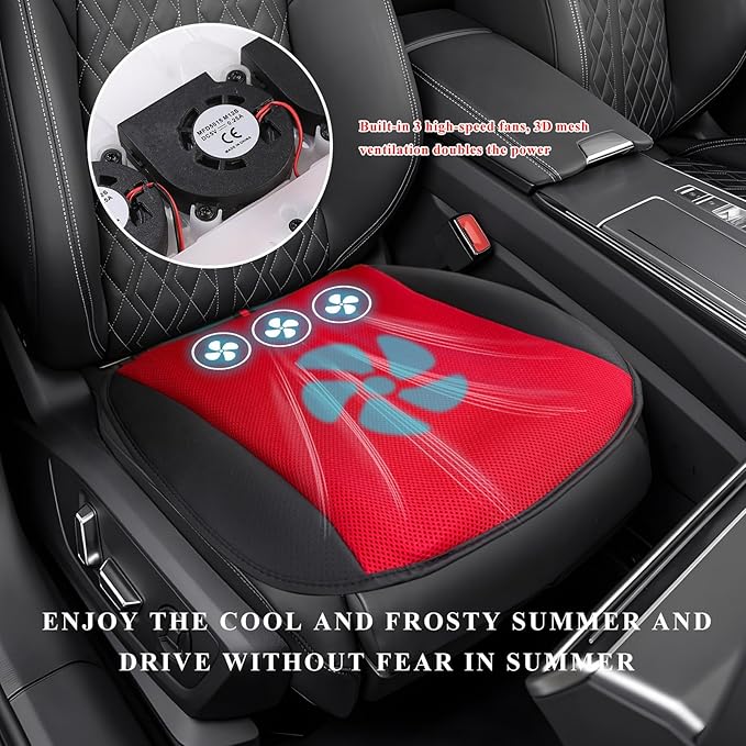 Cooling Car Seat Cushion, Ventilated Cool Bottom Seat Cover with USB Interface, 3-Speed Adjustable Comfy Cooling Pad for Auto Front Seats Home Office Chairs, Car Accessories (Red)