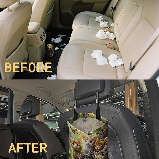 Cute Cats with Butterfly Car Trash Bag, Hanging Drawstring Car Garbage Bag,Canvas Car Back Seat Organizer with Adjustable Buckle for Men and Women