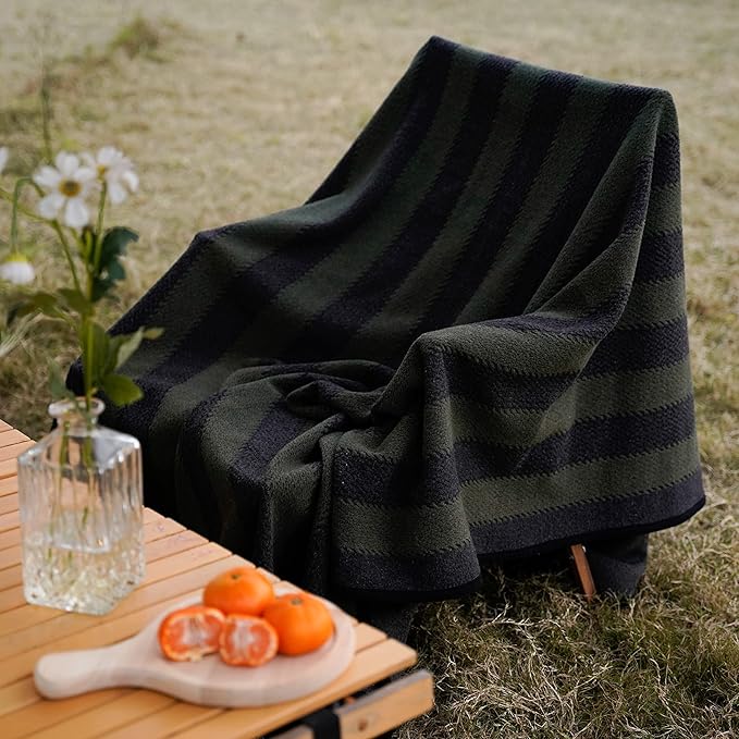 PuTian Merino Wool Blanket - 63" x 51" Thick Warm Soft Twin Bed Throw - Great for Camping, Outdoors, Travel, Car, Couch, All Seasons Green Stripe