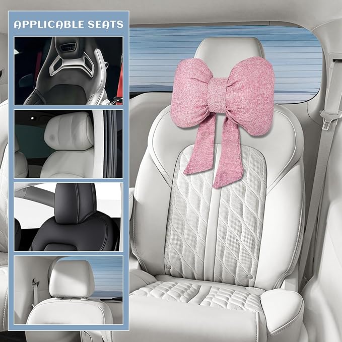 Sun Walker Bow Car Headrest Pillow, Breathable Bow-Shaped Vehicle Neck Pillow with Adjustable Strap, Ergonomic Neck Support Cushion Driving Seat Decoration for Women Girls (Pink)
