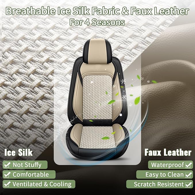 Car Seat Covers Front Seats for Honda Civic 2003-2015 & 2020-2026: Breathable Cooling Ice Silk Leather Seat Covers, 2 Seats Vehicle Seat Protector Auto Accessories (Black&Beige)