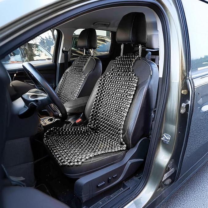 ZONETECH Black Wood Beaded Seat Cushion - Premium Quality Massaging Double Strung for Stress-Free Driving All Day,Universal Fit for Vehicles and Office Chairs (2 Pack)