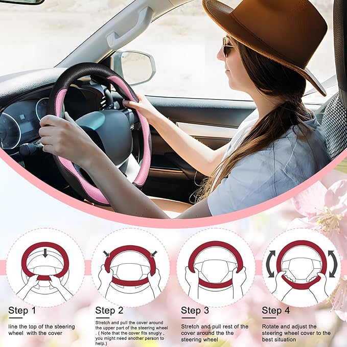 SuperKaKa Car Steering Wheel Cover 2025, Universal Auto PU Cute Breathable Slip-Proof Comfort Imitation Leather Protector Cars Interior Accessories for Women Men Fit Most Vehicle (Pink)