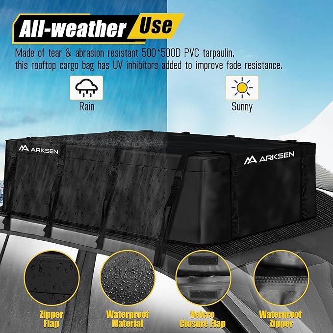 ARKSEN Extra-Wide 42 Cubic Feet Waterproof Rooftop Cargo Carrier Bag Heavy Duty Car Roof Rack Bag for Full-Size Cars w/ 8 Door Hook Straps +1 Combination Lock, 12 Reinforced Straps & Anti-Slip Mat