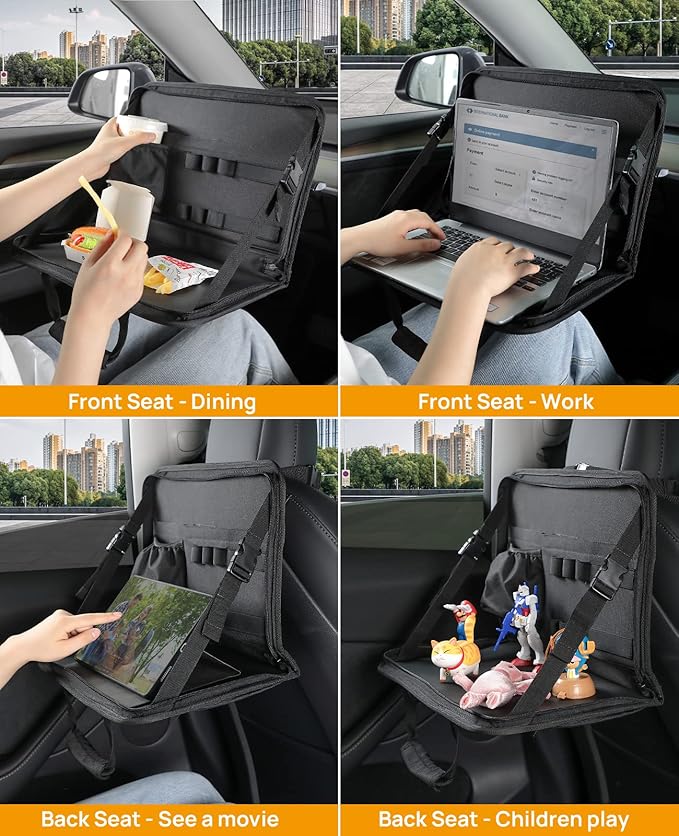 JOYTUTUS 3 in 1 Steering Wheel Eating Tray Upgraded(16.1 * 10 inch), Car Back Seat Laptop Desk, Multifunctional Car Office Bag, Car Work Table for Writing, Car Organizer for Kids, Commuters, Family
